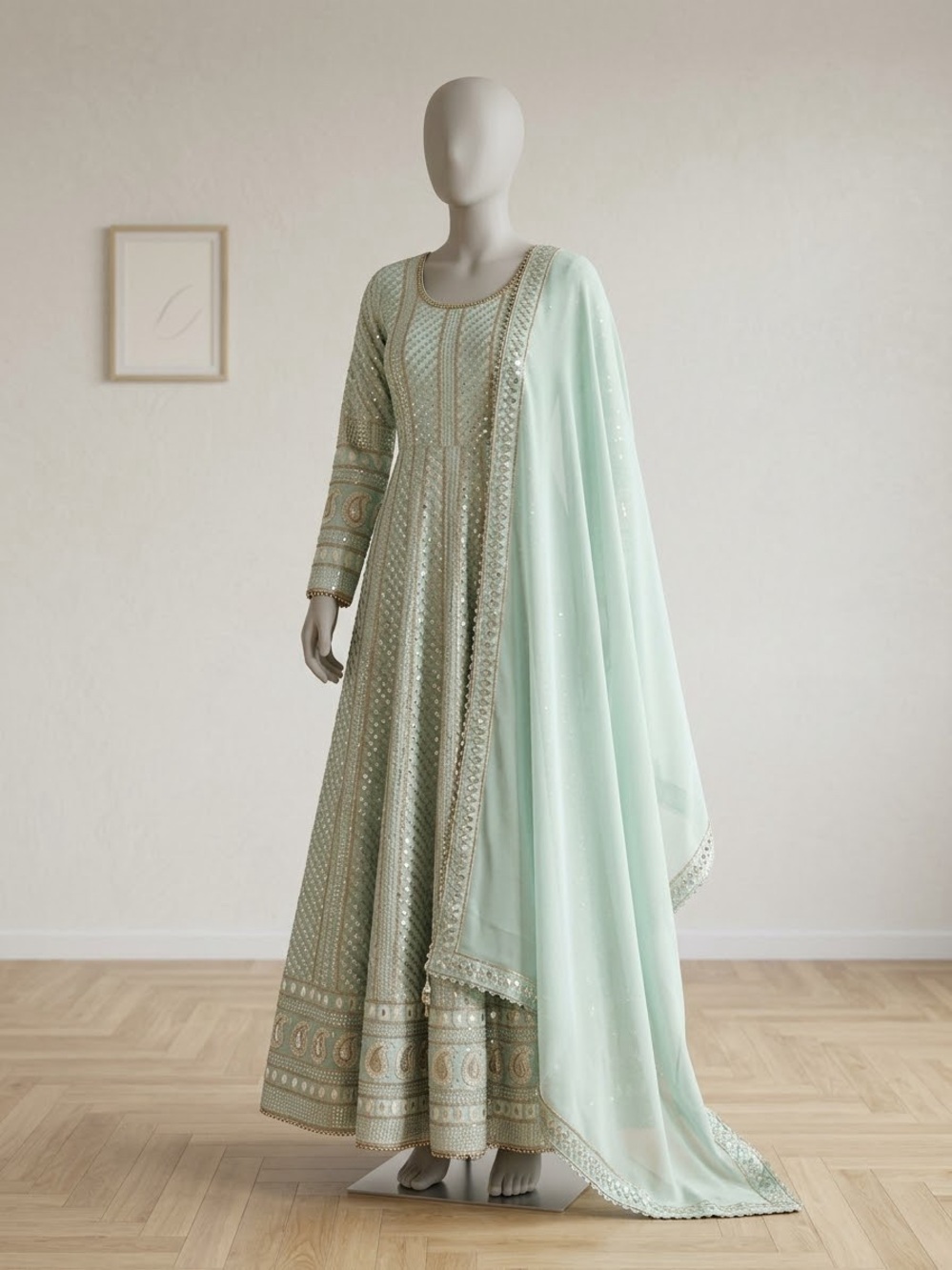 Embroidered Mint Green Anarkali Dress with Dupatta
